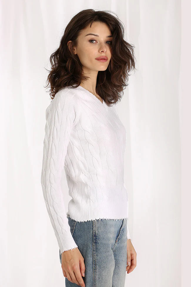 Minnie Rose Frayed V Neck Sweater
