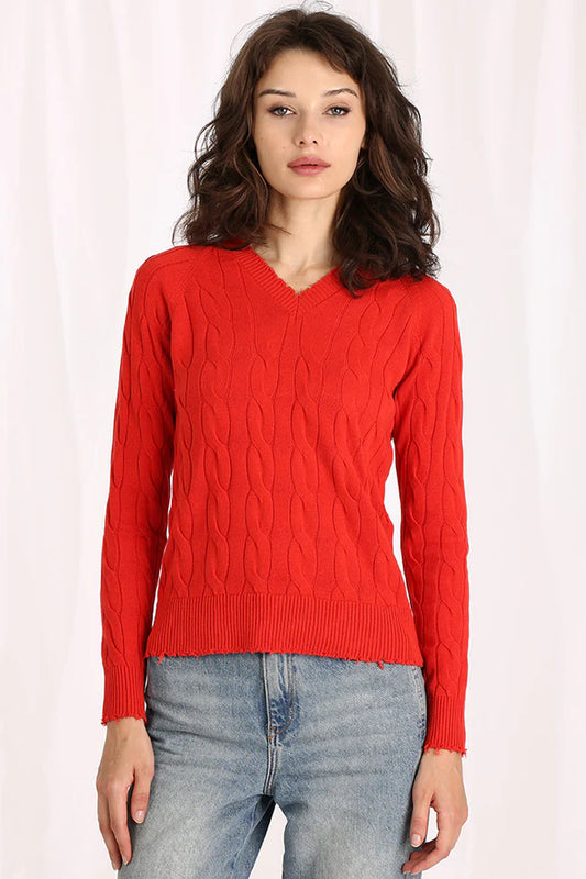 Minnie Rose Frayed V Neck Sweater